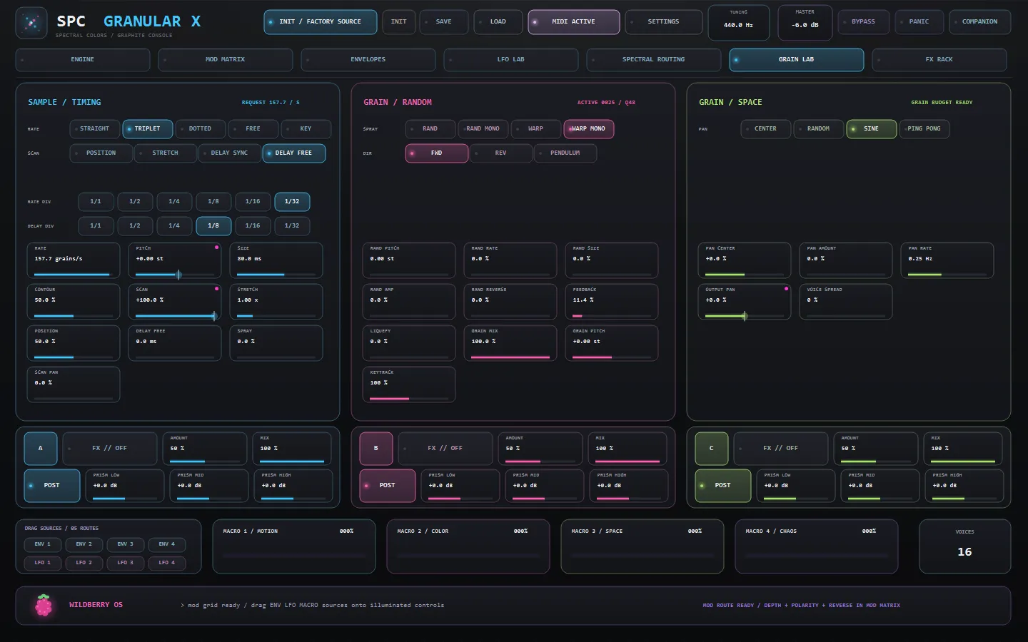 SPC Granular X Graphite Console — Grain Lab page with sample/timing, grain/random and grain/space decks, per-engine FX strips, macros and the Wildberry OS status bar
