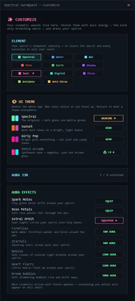 Aura Quest customize panel — element picker, four UI themes, and aura effects